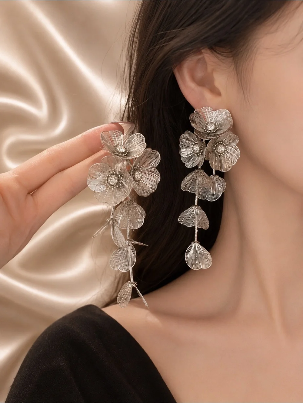 Silver Floral Cascade Drop Earrings